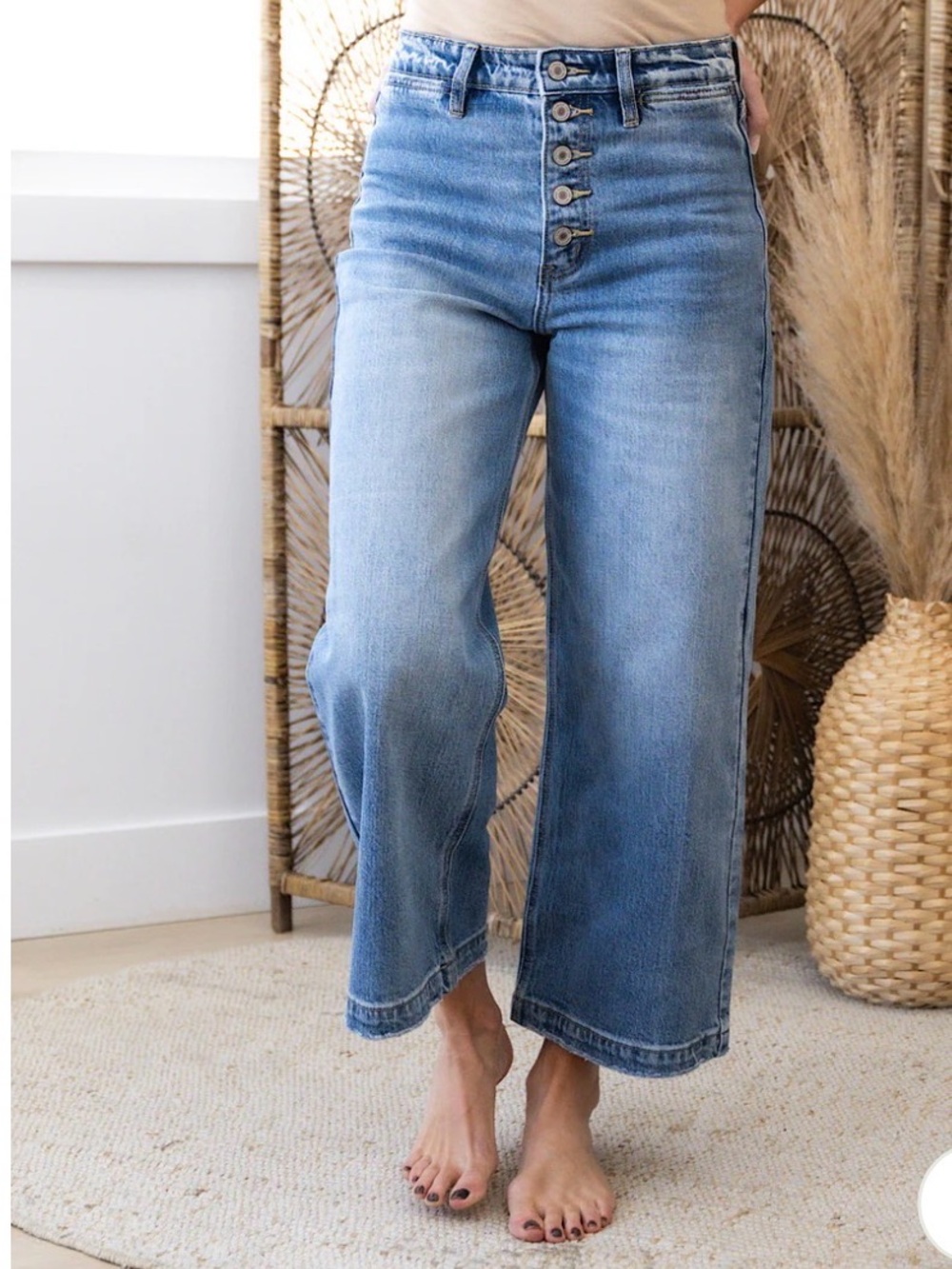 Womens High Rise Button Fly Wide Leg Crop Denim Jeans Size 2 Med Wash